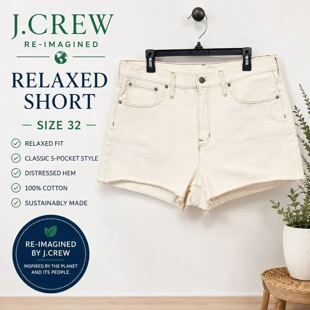 J.Crew Re-Imagined Relaxed Shorts Womens Size 32 Ivory Denim Raw Hem Cotton